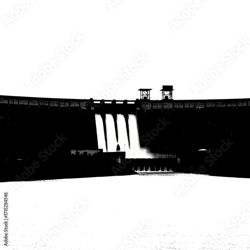 Hydroelectric dam with water flowing down silhouette isolated on white background
