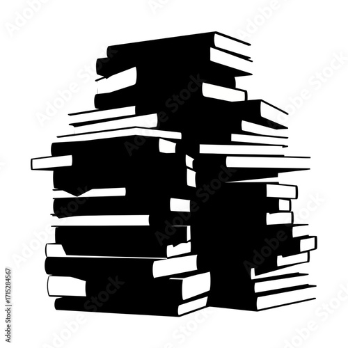 Tall stack of books silhouette isolated on white background
