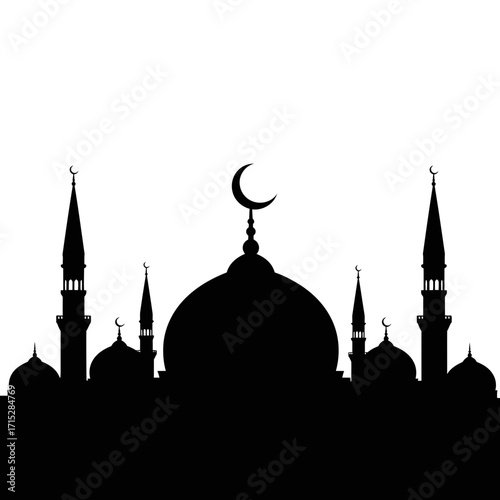 Mosque silhouette with domes and minarets isolated on white background