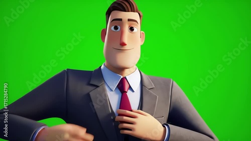 Animated Businessman Adjusts Tie Green Screen Background