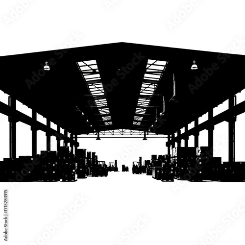 Warehouse interior with stacked boxes and forklifts silhouette isolated on white background