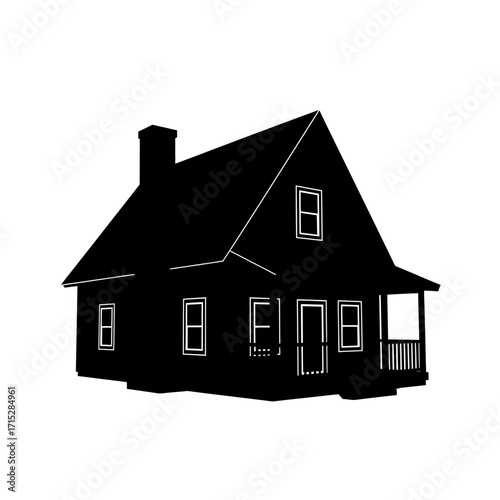 Black silhouette of a house with a porch isolated on white background