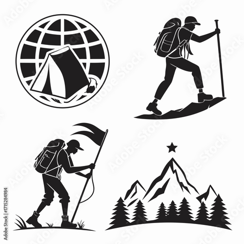 “Adventure silhouette vector set: hiking, camping, mountain climbers, backpackers, explorers, world travel icons, outdoor lifestyle symbols for adventure branding, tourism, exploration design themes”