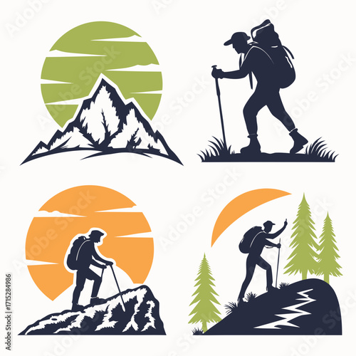 “Adventure silhouette vector set: hiking, camping, mountain climbers, backpackers, explorers, world travel icons, outdoor lifestyle symbols for adventure branding, tourism, exploration design themes”