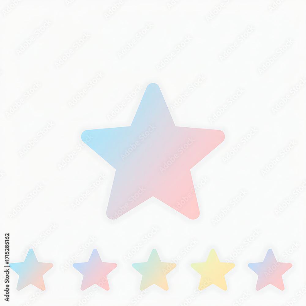 Fototapeta premium A collection of soft gradient stars rendered in gentle pastel hues, elegantly arranged on a clean white background, creating a serene and charming graphic element for various design needs