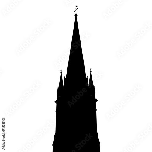 Gothic church steeple silhouette isolated on white background