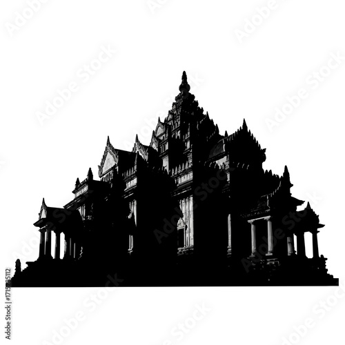 Ornate temple building silhouette isolated on white background