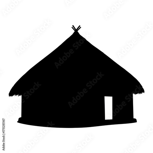 Traditional thatched hut silhouette isolated on white background