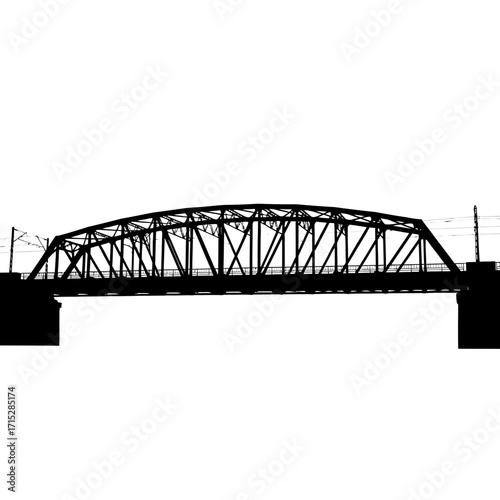 Black metal truss railway bridge silhouette isolated on white background