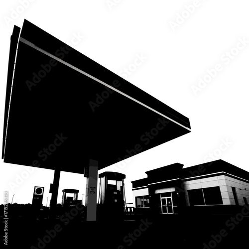 Gas station canopy and convenience store silhouette isolated on white background