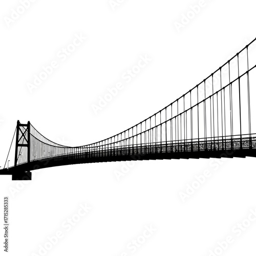 Black suspension bridge silhouette isolated on white background