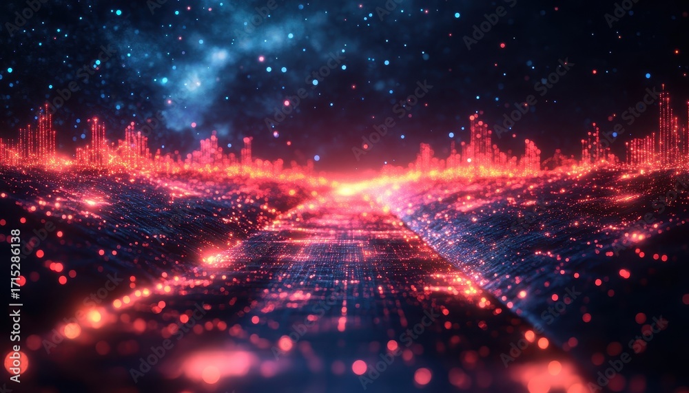 Fototapeta premium Futuristic Digital Cityscape with Glowing Red Data Flow and Blue Particles Abstract Tech