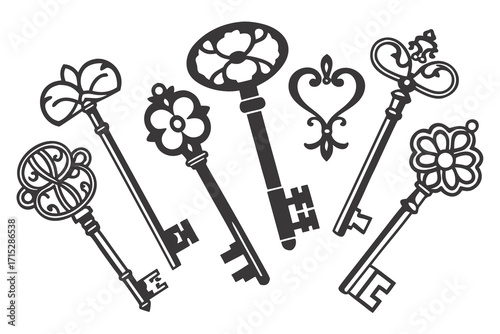Collection of ornate vintage skeleton keys in silhouette on a white background antique