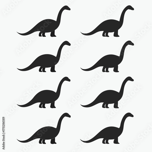 Eight black dinosaur silhouettes in a grid pattern on a light grey background prehistoric ancient