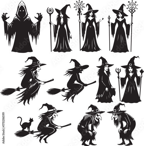 Mystical Symbols: A collection of haunting black silhouettes depicting diverse witches in varying poses. Conjuring the magic of folklore, Halloween, and the mystical unknown.