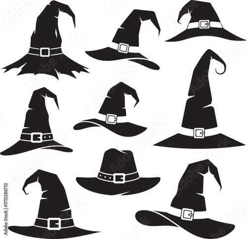Mysterious Silhouette: An ensemble of striking witch hats, each with a unique shape and personality, exuding an air of enigmatic allure and captivating artistry.