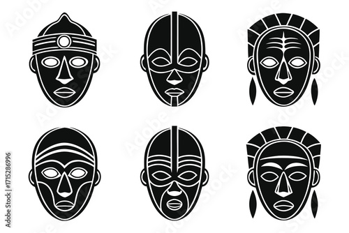 Six black and white graphic illustrations of tribal masks with distinct facial features and headwear