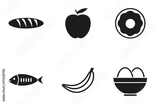 Six black food icons including bread apple donut fish banana and eggs in a bowl black and white