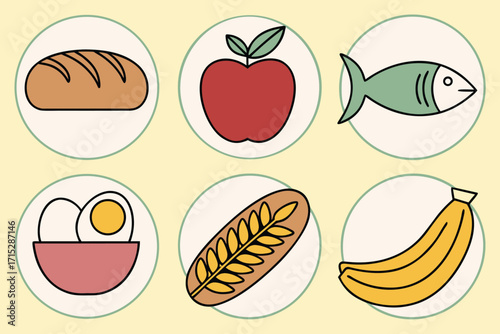 Six stylized food icons bread apple fish eggs wheat and bananas on pale yellow background vector