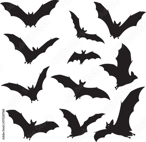 Dark Bats silhouette in the Night: A striking monochrome scene showcases a swarm of bats in full flight, their dark silhouettes set against the night. The art evokes a sense of mystery and suspense.
