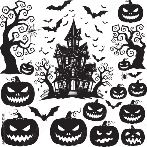 Spooky Silhouette: A haunting silhouette captures the eerie spirit of Halloween with a ghoulish haunted house, grinning jack-o'-lanterns, and a swarm of bats against a dark backdrop.