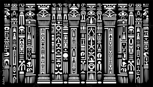 Decorative ancient Egyptian hieroglyphs on black background  