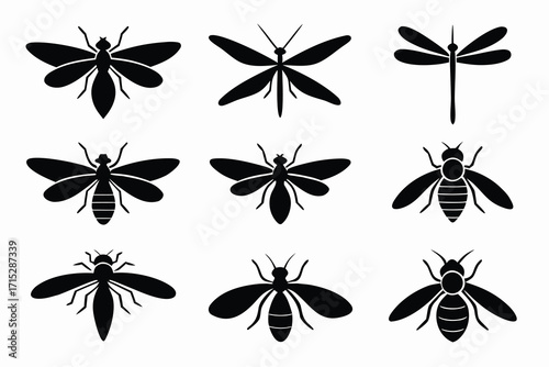 Nine black flying insect silhouettes including bees dragonflies and moths on white background bee silhouette
