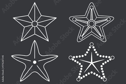 Four white line art star shapes on dark gray background graphic