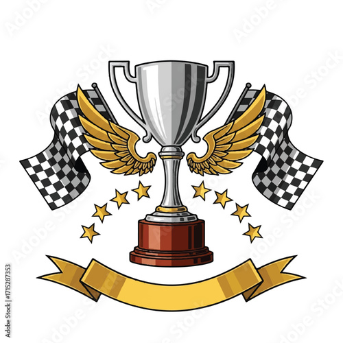 Silver trophy cup with golden wings, checkered flags, stars, and a golden ribbon banner, symbolizing victory and achievement.