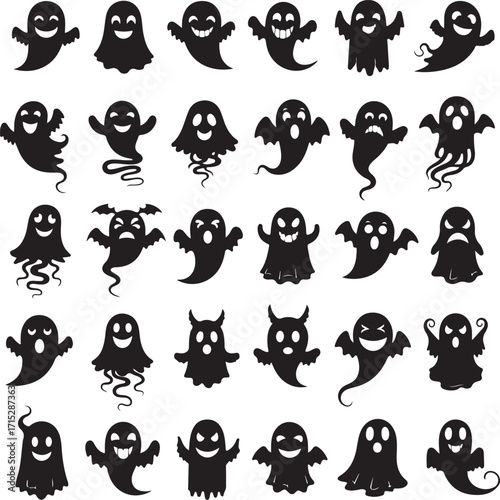 Spooky Silhouette Ghosts: A collection of unique black silhouette ghosts, perfect for adding a touch of spooky fun to Halloween-themed designs, illustrating various eerie expressions.