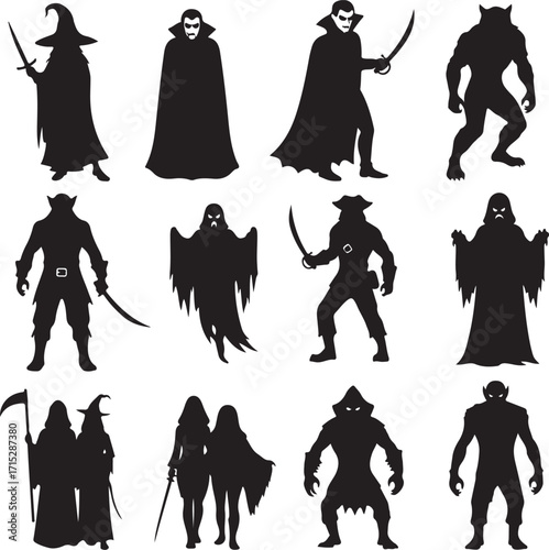 Silhouette of Mysterious Creatures: A collection of ominous silhouettes of supernatural beings, each figure shrouded in mystery, creating a sense of anticipation and the unknown.