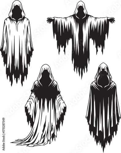 Mystery Silhouette: A collection of hooded figures, draped in flowing robes, emanates an aura of eerie mystery in this stark monochrome illustration.