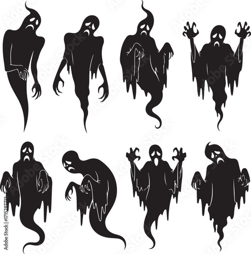 Eerie Apparitions: a collection of spectral phantoms against a simple backdrop, a ghoulish assembly designed for Halloween. 