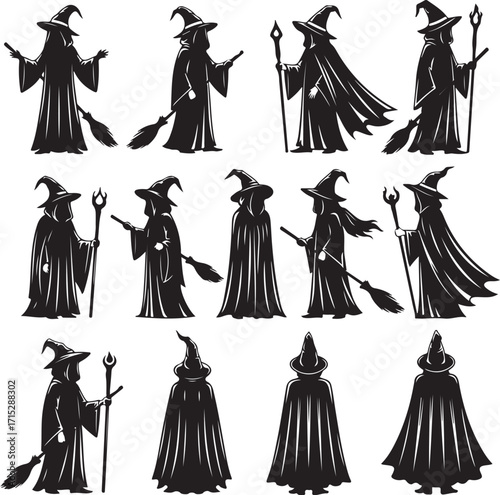 Enigmatic Witch Collection: A striking collection of enigmatic witch silhouettes, captured in a high-contrast grayscale, inviting viewers into a realm of magic, mystery, and enchantment.