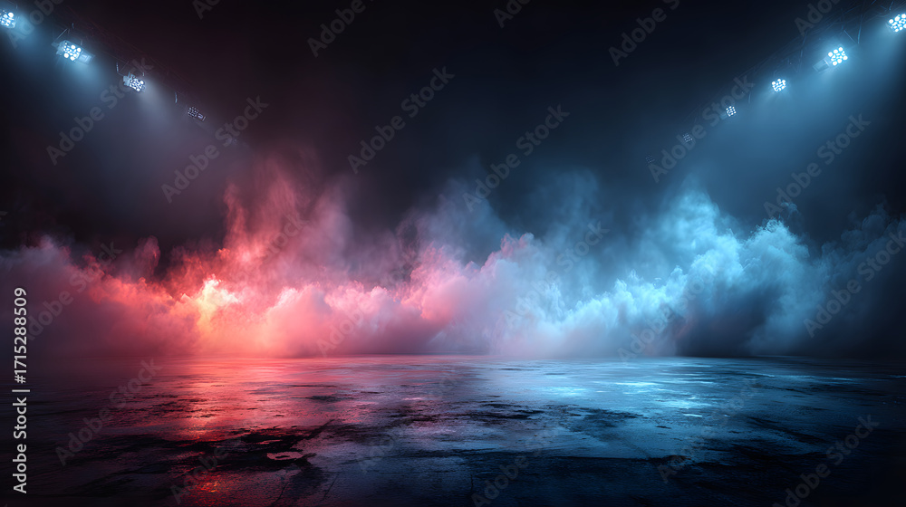 Fototapeta premium Bright stadium arena lights, Smoke bombs, empty dark scene, neon light, spotlights The concrete floor and studio room with smoke float up the interior texture, night view for display products
