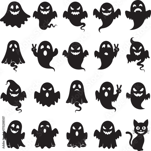 Spooky Ghost Collection: A spectral assembly of various ghostly figures, each with a unique and eerie expression. They come together in a dark and enigmatic array for Halloween celebration 