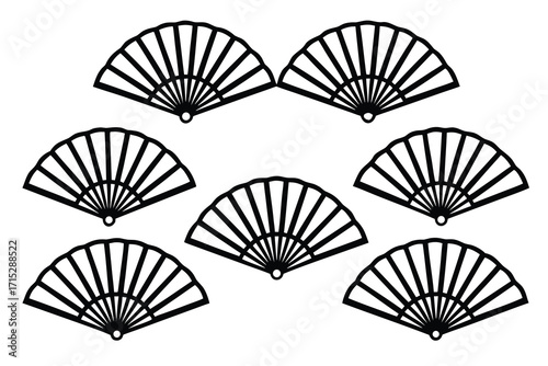 Seven black traditional hand fan shapes arranged on a white background traditional fan Japanese fan