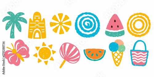 Collection of colorful hand drawn summer icons including a palm tree sandcastle sun ice cream and watermelon slices