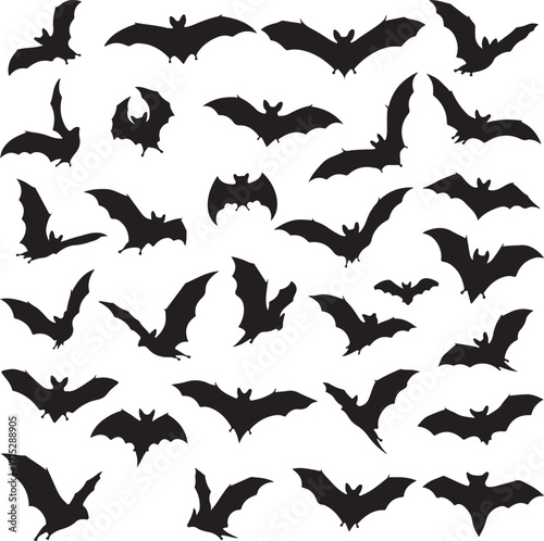Mysterious Silhouette of bats: A collection of silhouetted bats, each poised mid-flight, captures the enigmatic allure of the night sky, an evocative array.