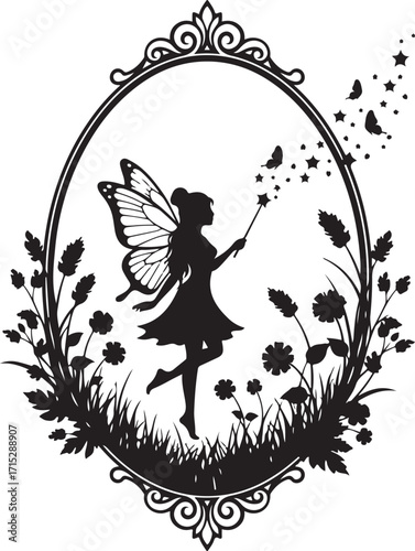 Fairy in the garden: A whimsical illustration of a fairy gracefully flitting within an ornate frame, surrounded by elegant floral and celestial elements, conjuring a world of fantasy and enchantment.