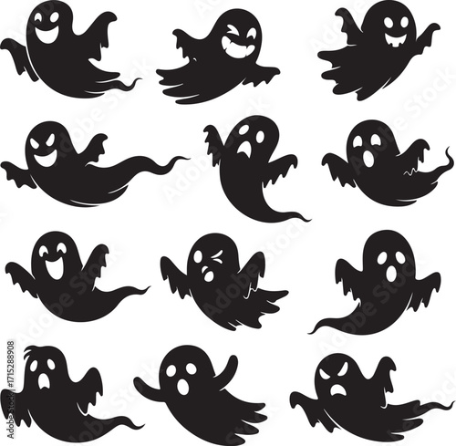 Spooky Silhouette: A collection of ghostly apparitions, each with its own unique expression, floats ethereally against the darkness, ready to haunt. A perfect design for Halloween.