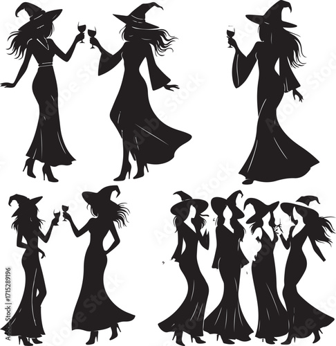 Mystical Silhouette: A collection of stylized witch silhouettes adorned in flowing attire raising a glass to celebrate a mystical moment. The image captures the essence of fantasy, magic.