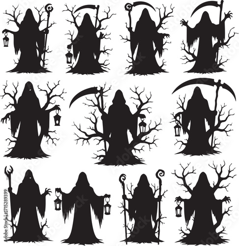 Shadowed Figures of Death: A haunting collection of cloaked figures, each embodying the essence of the Grim Reaper, set against ominous barren trees and accessories.