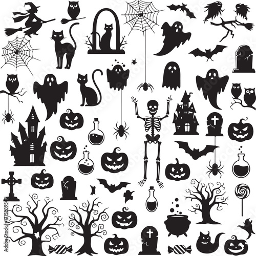 Halloween Elements Silhouette Collection: An eye-catching Halloween-themed silhouette collection, featuring iconic elements such as pumpkins, ghosts, bats, spiders, witches, and haunted houses.