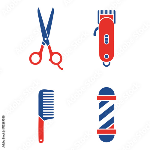 Barbershop tools: scissors, clippers, comb, pole.