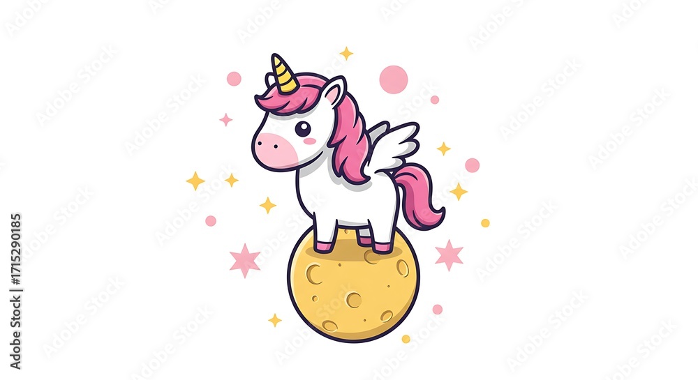 Fototapeta premium Adorable Cartoon Unicorn Standing on Moon, Surrounded by Stars, Whimsical Illustration.