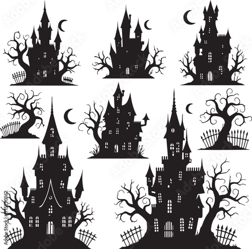 Eerie Silhouette of Gothic Houses: An ensemble of haunted gothic house silhouettes, framed by gnarled trees and a crescent moon, evokes the chilling allure of Halloween night.