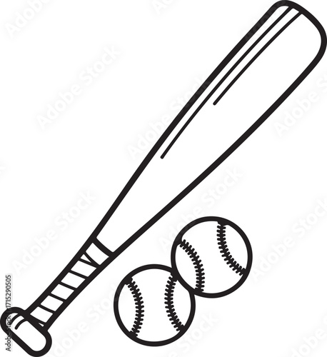 Baseball Bat and Balls: A simple outline of a baseball bat and two baseballs, rendered in a clean, linear style, embodying the essence of America's favorite pastime.