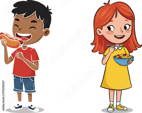 Cartoon children eating food happily, boy with hot dog and girl with cereal bowl, fun kids meal moment illustration vector
