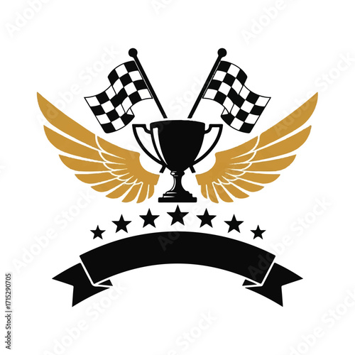 Racing trophy with wings and checkered flags.